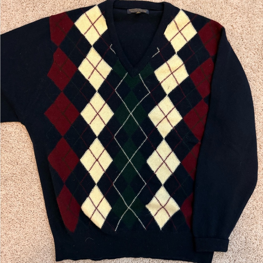 Brooks Brothers Lamb wool sweater mens large Vneck  Plaid Front argyle